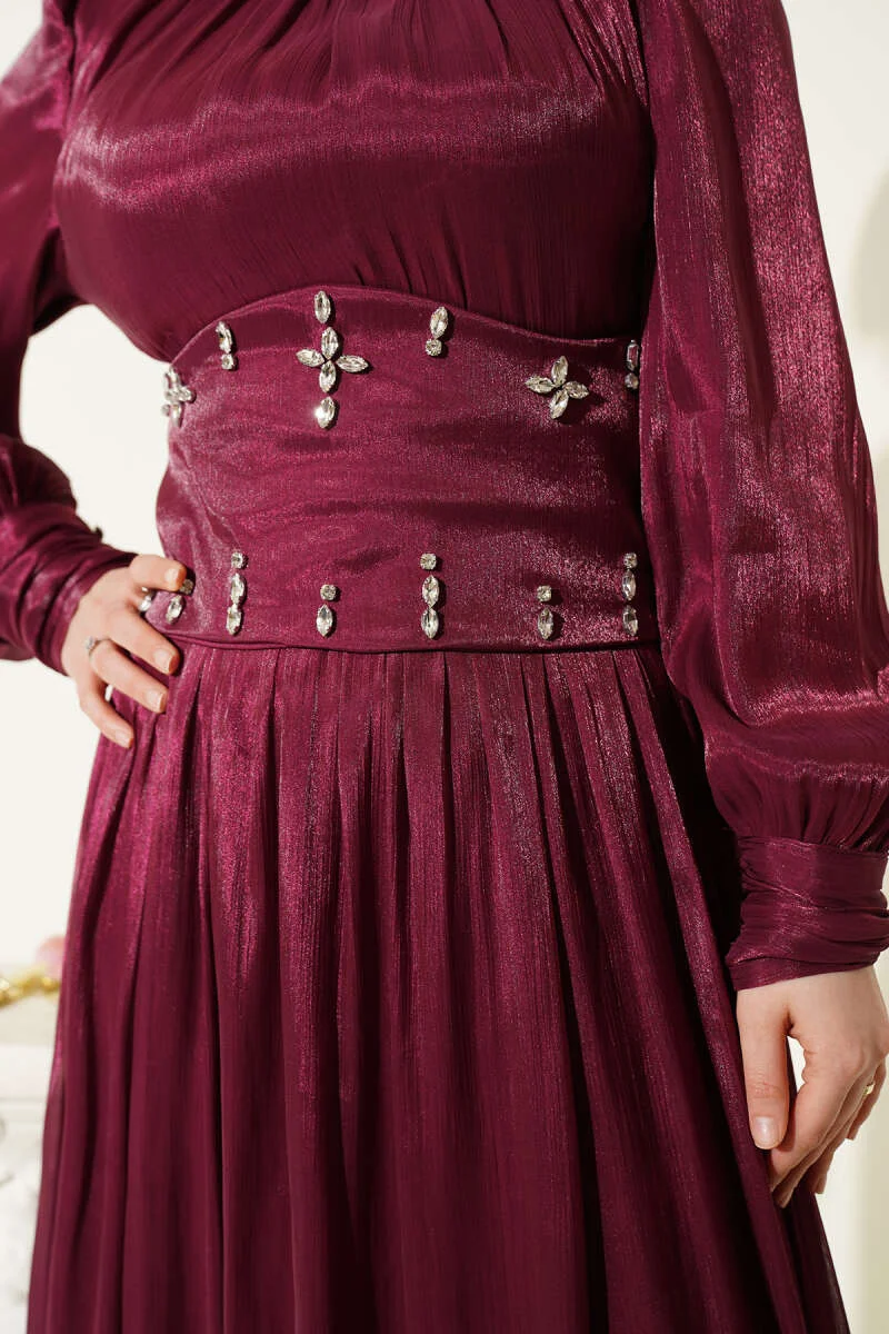 Belt Corset Detailed Stone Embellished Evening Dress Burgundy wholesale dress view 4 - Hicabistan Turkey factory