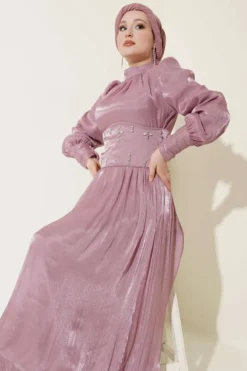 Belt Corset Detailed Stone Embellished Evening Dress Powder Pink all'ingrosso dress view 2 - Hicabistan fabbrica Turchia