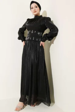 Belt Corset Detailed Stone Embellished Evening Dress Black all'ingrosso dress view 2 - Hicabistan fabbrica Turchia