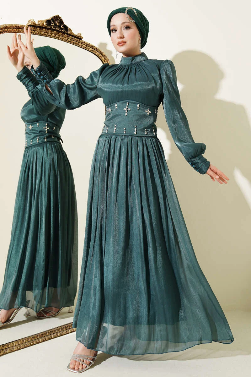 Belt Corset Detailed Stone Embellished Evening Dress Emerald al por mayor dress - Hicabistan fábrica Turquía
