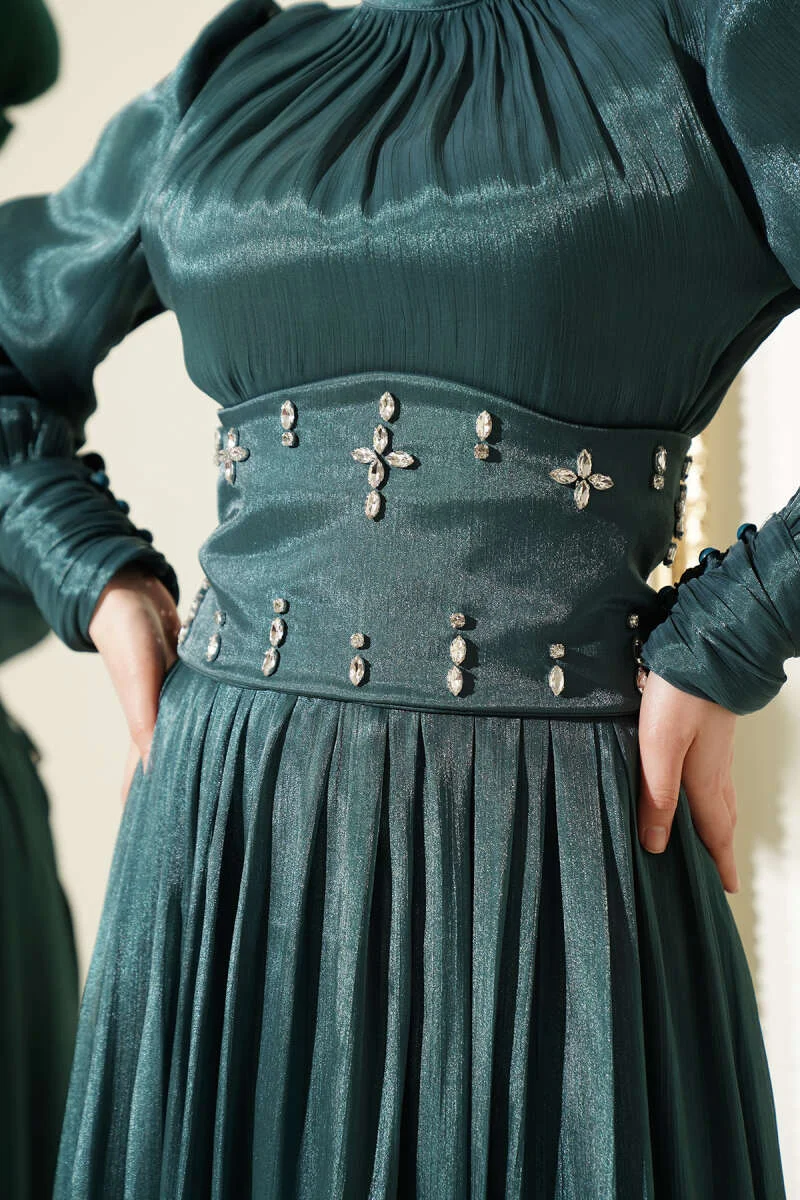 Belt Corset Detailed Stone Embellished Evening Dress Emerald al por mayor dress view 4 - Hicabistan fábrica Turquía