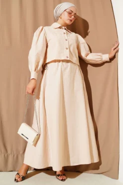 Belted Detail Parachute Dress Set Beige