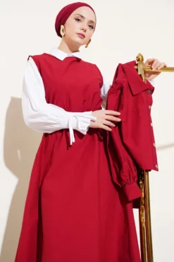 Belted Detail Parachute Dress Set Burgundy al por mayor clothing set view 2 - Hicabistan fábrica Turquía