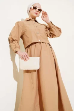 Belted Detail Parachute Dress Set Camel al por mayor clothing set view 2 - Hicabistan fábrica Turquía