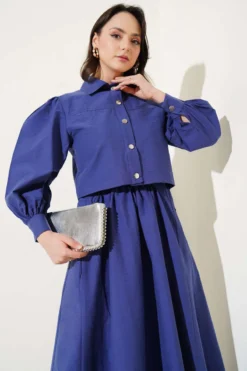 Belted Detail Parachute Dress Set Indigo al por mayor clothing set view 2 - Hicabistan fábrica Turquía
