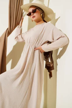Belted Ayrobin Basic Dress Beige groothandel dress - Hicabistan Turkije fabriek