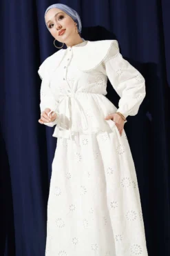 Elastic Waist Baby Collar Embroidered Skirt Set White all'ingrosso clothing set view 2 - Hicabistan fabbrica Turchia