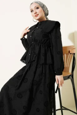 Elastic Waist Baby Collar Embroidered Skirt Set Black all'ingrosso clothing set view 2 - Hicabistan fabbrica Turchia