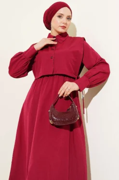 Dress with Belted Bolero in Terikoton Burgundy al por mayor dress view 2 - Hicabistan fábrica Turquía