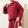 Button Detail Dress Set with Elastic Waistband Burgundy wholesale clothing set view 2 - Hicabistan Turkey factory