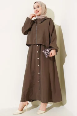 Button Detail Dress Set with Elastic Waistband Brown