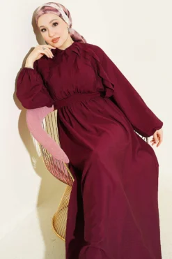 Belted Ruffled Dress Burgundy groothandel dress - Hicabistan Turkije fabriek