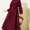 Belted Ruffled Dress Burgundy wholesale dress view 2 - Hicabistan Turkey factory