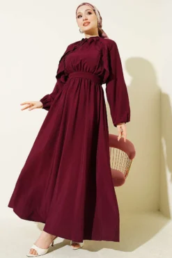 Belted Ruffled Dress Burgundy groothandel dress view 2 - Hicabistan Turkije fabriek