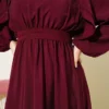 Belted Ruffled Dress Burgundy wholesale dress view 4 - Hicabistan Turkey factory