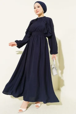 Belted Ruffled Dress Navy Blue groothandel dress - Hicabistan Turkije fabriek