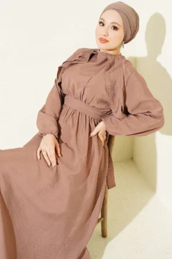 Belted Ruffled Dress Mink groothandel dress - Hicabistan Turkije fabriek
