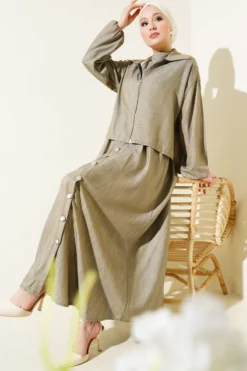 Belted Zippered Jumper Dress Set Mink groothandel clothing set - Hicabistan Turkije fabriek
