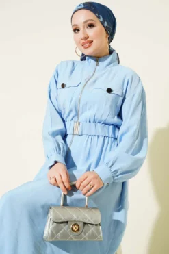 Elastic Waist Zipper Tencel Dress Baby Blue بالجملة dress view 2 - Hicabistan مصنع تركيا