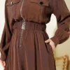 Elastic Waist Zipper Tencel Dress Brown al por mayor dress view 4 - Hicabistan fábrica Turquía