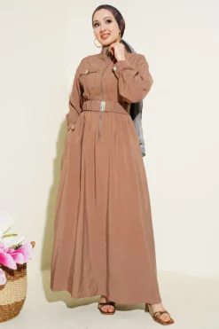 Elastic Waist Zipper Tencel Dress Mink بالجملة dress - Hicabistan مصنع تركيا