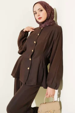 Belted Gold Button Set Brown wholesale clothing set view 2 - Hicabistan Turkey factory