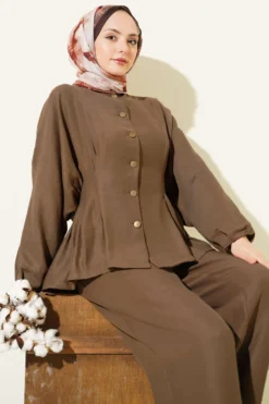 Belted Gold Button Set Mink wholesale clothing set view 2 - Hicabistan Turkey factory