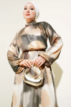 Alternative view of Belted Mixed Pattern Satin Dress Mustard