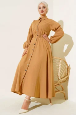 Belted Metal Button Dress Camel
