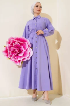 Belted Metal Button Dress Lilac