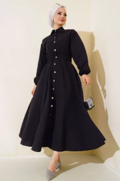 Belted Metal Button Dress Black