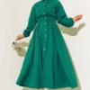 Belted Metal Button Dress Green