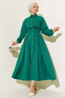 Belted Metal Button Dress Green