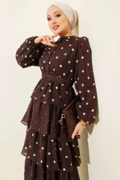 Belted Polka Dot Tiered Dress Brown groothandel dress view 2 - Hicabistan Turkije fabriek