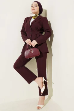Buttoned Jacket with Belt Two-Piece Set Plum wholesale clothing set view 2 - Hicabistan Turkey factory