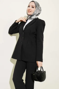 Buttoned Jacket with Belt Two-Piece Set Black wholesale clothing set view 2 - Hicabistan Turkey factory