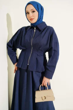 Denim Two-Piece Set with Belt and Zipper Skirt Indigo all'ingrosso clothing set view 2 - Hicabistan fabbrica Turchia