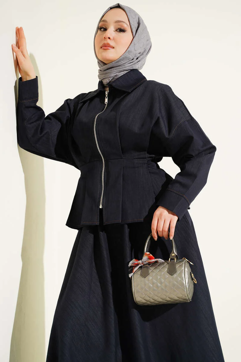 Denim Two-Piece Set with Belt and Zipper Skirt Navy Blue wholesale clothing set - Hicabistan Turkey factory