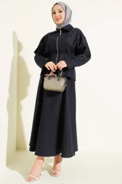 Denim Two-Piece Set with Belt and Zipper Skirt Navy Blue all'ingrosso clothing set view 2 - Hicabistan fabbrica Turchia