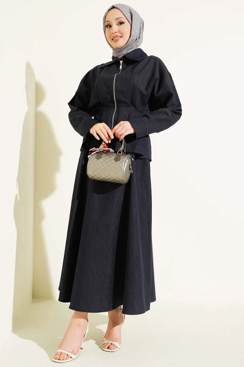Denim Two-Piece Set with Belt and Zipper Skirt Navy Blue wholesale clothing set view 2 - Hicabistan Turkey factory