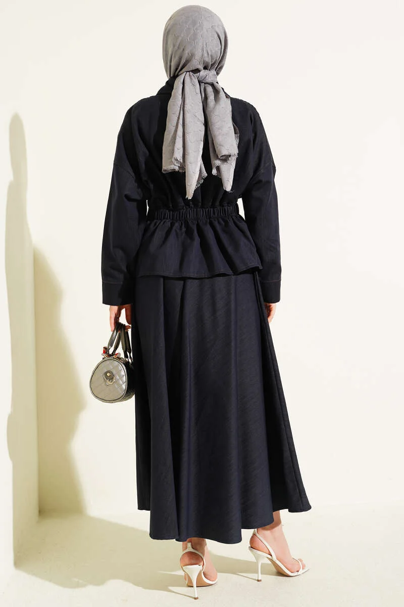 Denim Two-Piece Set with Belt and Zipper Skirt Navy Blue wholesale clothing set view 3 - Hicabistan Turkey factory