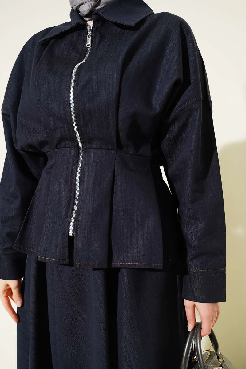 Denim Two-Piece Set with Belt and Zipper Skirt Navy Blue wholesale clothing set view 4 - Hicabistan Turkey factory