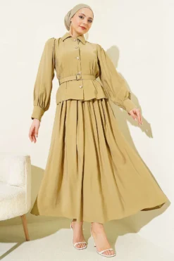 Buttoned Skirt Set with Belt and Pen Pocket