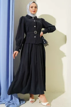 Buttoned Skirt Set with Belt and Pen Pocket Navy Blue