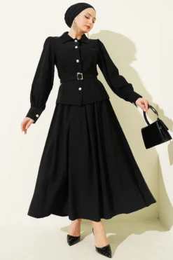 Buttoned Skirt Set with Belt and Pen Pocket Black