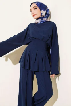 Belted Self-Tie Set Navy Blue wholesale clothing set view 2 - Hicabistan Turkey factory