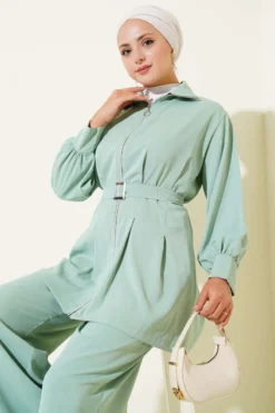 Belted Pleated Zippered Two-Piece Set Mint بالجملة clothing set view 2 - Hicabistan مصنع تركيا