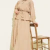 Belted Pleated Tencel Skirt Set Beige groothandel clothing set view 2 - Hicabistan Turkije fabriek