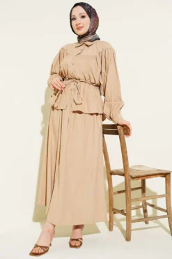 Belted Pleated Tencel Skirt Set Beige wholesale clothing set view 2 - Hicabistan Turkey factory
