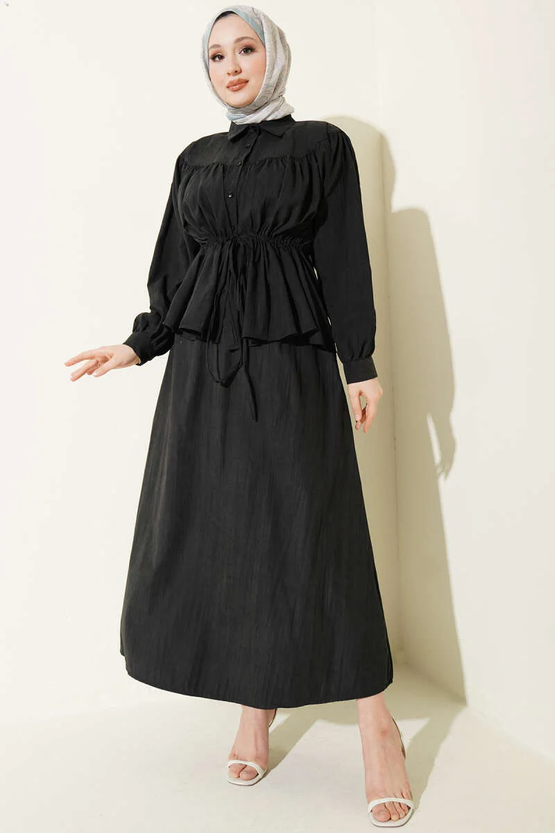 Belted Pleated Tencel Skirt Set Black بالجملة clothing set - Hicabistan مصنع تركيا